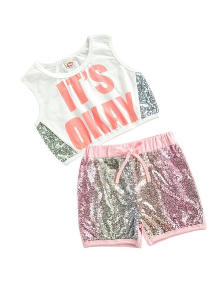 2pcs summer little girls outfit toddlers round collar sleeveless letter short + sequins decoration color matching shorts clothing sets, White
2pcs summer little girls outfit toddlers round collar sleeveless letter short + sequins decoration color matching shorts clothing sets, White
