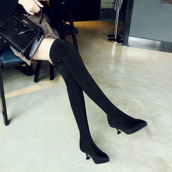 women's suede mid-up boots knee pointed toe heel elastic thigh high flat heels for women, Black
women's suede mid-up boots knee pointed toe heel elastic thigh high flat heels for women, Black