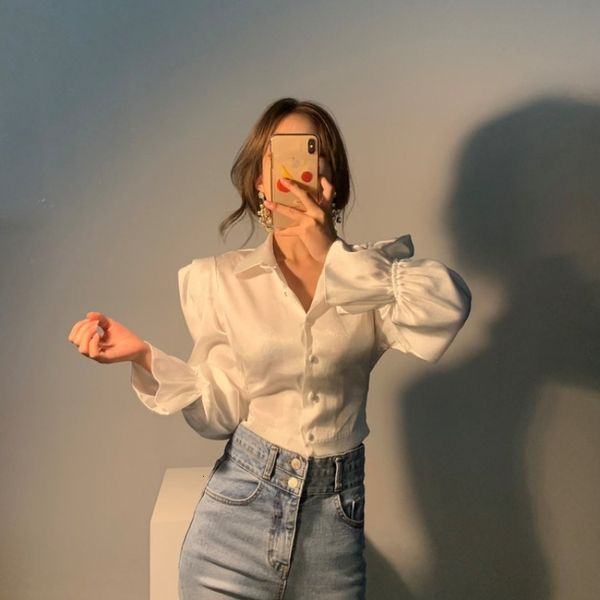 women chic retro turn down collar puff long sleeve blouse slim fit back lace up bow shirt new, White
women chic retro turn down collar puff long sleeve blouse slim fit back lace up bow shirt new, White