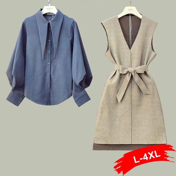 women's tracksuits plus size chic lapel long lantern sleeve blue shirt +v-neck sleeveless sashes woolen vest dresses women elegant 2 pi, Gray
women's tracksuits plus size chic lapel long lantern sleeve blue shirt +v-neck sleeveless sashes woolen vest dresses women elegant 2 pi, Gray