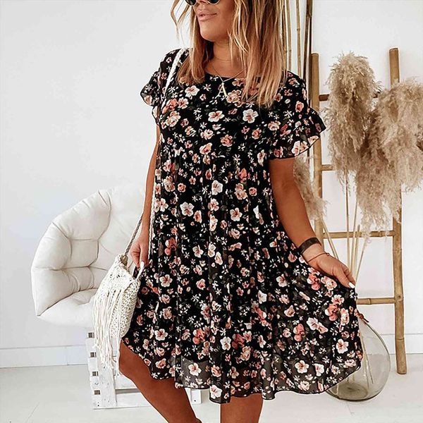 summer o neck beach women dress floral print ruffles casual wholesale, Black;gray 
summer o neck beach women dress floral print ruffles casual wholesale, Black;gray