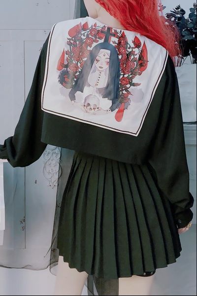 women t shirt spring autumn gothic girls preppy style uniform embroidery long sleeve punk sweatshirt loose short naval collar, White
women t shirt spring autumn gothic girls preppy style uniform embroidery long sleeve punk sweatshirt loose short naval collar, White