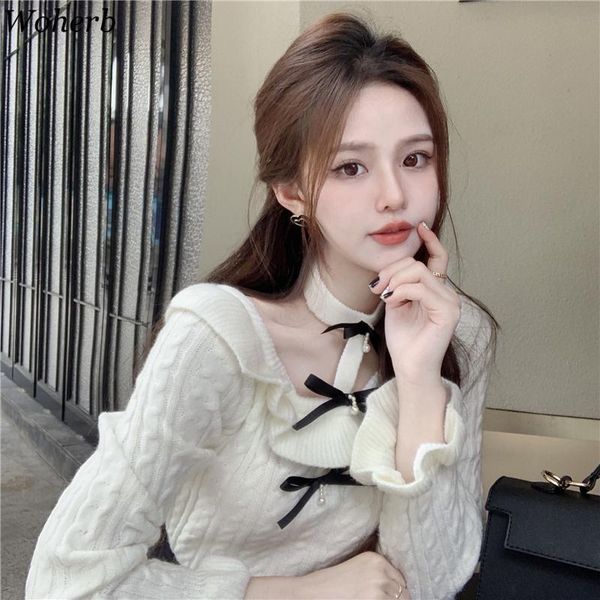 women's sweaters woherb fall 2021 women clothes sweet woman chic bow o-neck halter knitted pullovers korean fashion ruffles jumper, White;black
women's sweaters woherb fall 2021 women clothes sweet woman chic bow o-neck halter knitted pullovers korean fashion ruffles jumper, White;black