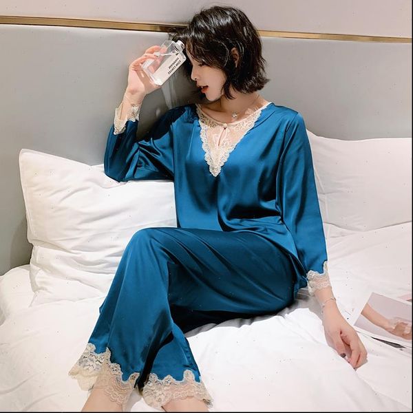 lace trimmed pajama set women sleepwear spring summer long sleeve silk pyjamas soft casual homewear 2pcs pijama, Black;red
lace trimmed pajama set women sleepwear spring summer long sleeve silk pyjamas soft casual homewear 2pcs pijama, Black;red