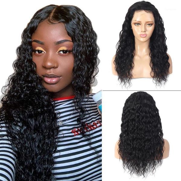 13x4 lace closure wigs pre-plucked hairline peruvian remy hair wig for black women water wave human wigs1, Black;brown