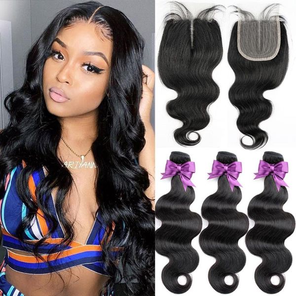 human hair bulks body wave bundles with closure weaves lace 1*4 middle part brazilian beauhair for women, Black