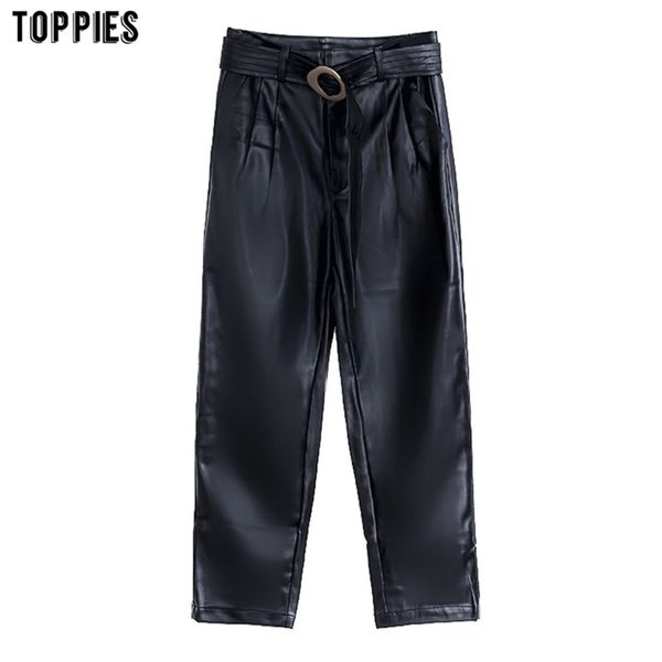 black pu leather pants fashion high waist trousers ladies straight with belt pantalon femme 210421, Black;white
black pu leather pants fashion high waist trousers ladies straight with belt pantalon femme 210421, Black;white