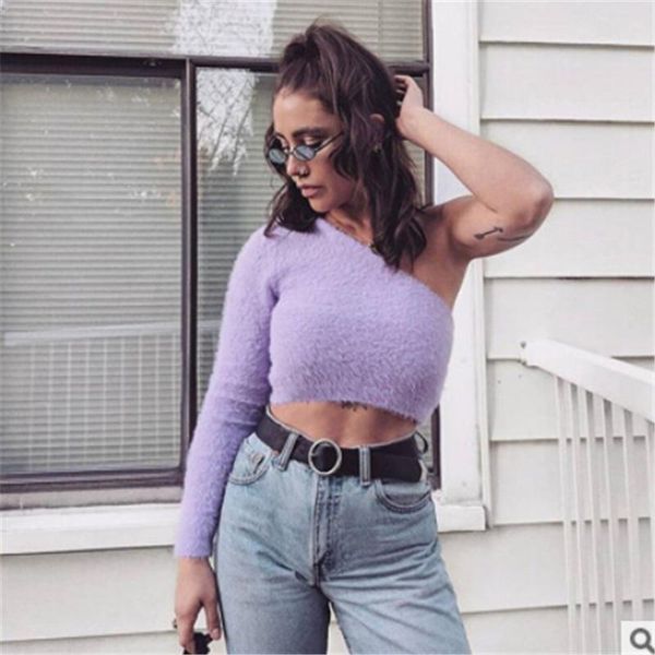 women's t-shirt one shoulder crop long sleeve solid purple fuzzy plush tee fashion streetwear autumn clothes, White
women's t-shirt one shoulder crop long sleeve solid purple fuzzy plush tee fashion streetwear autumn clothes, White