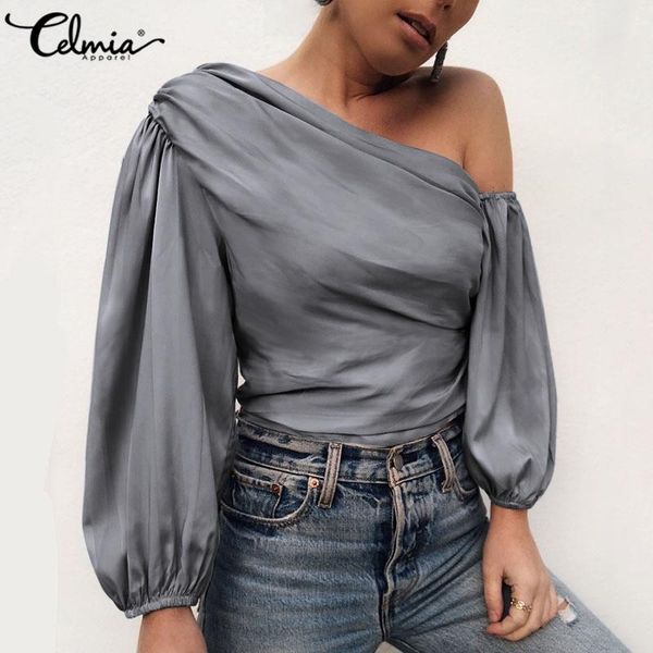 women's blouses & shirts women off shoulder elegant satin blouse 2021 celmia fashion asymmetrical casual solid pleated blusas femm, White
women's blouses & shirts women off shoulder elegant satin blouse 2021 celmia fashion asymmetrical casual solid pleated blusas femm, White