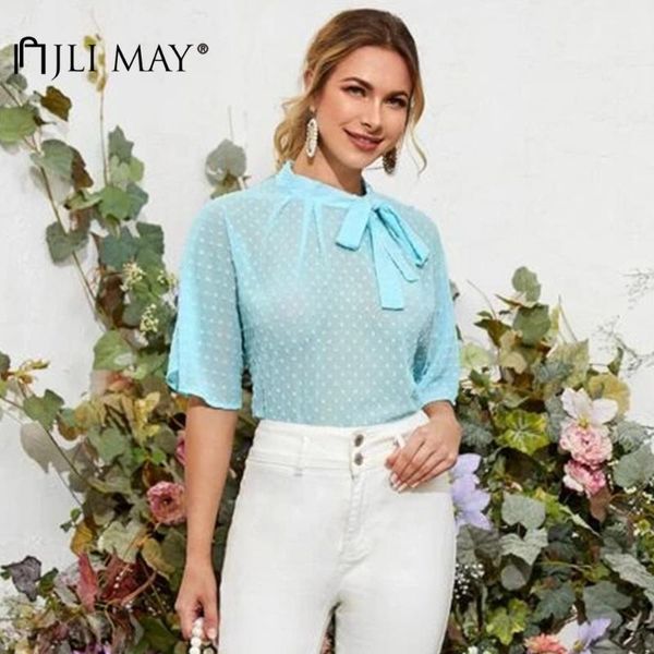 women's blouses & shirts jli may chiffon solid polka dot o-neck bow bandage half sleeve summer office lady, White
women's blouses & shirts jli may chiffon solid polka dot o-neck bow bandage half sleeve summer office lady, White