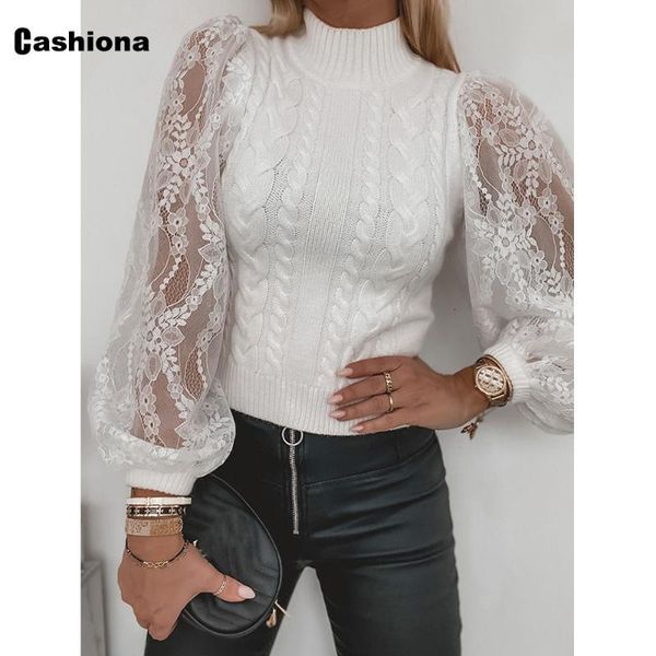 women autumn new knitting sweater femme patchwork lace turtleneck jumper pullovers sweaters fashion womens clothing 2021, White;black 
women autumn new knitting sweater femme patchwork lace turtleneck jumper pullovers sweaters fashion womens clothing 2021, White;black