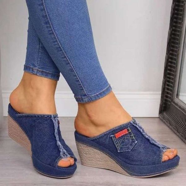 large slope heel denim fish mouth slippers women wear high-heeled sandals, Black
large slope heel denim fish mouth slippers women wear high-heeled sandals, Black