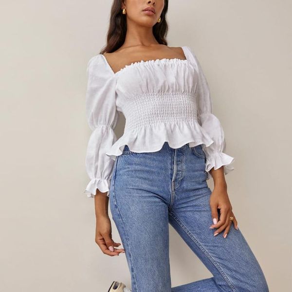 women's blouses & shirts summer casual solid color square collar long sleeve slim shirt, White
women's blouses & shirts summer casual solid color square collar long sleeve slim shirt, White