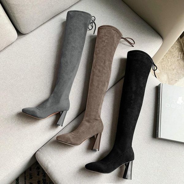 boots high heels over the knee women black gray colors flock leather ladies wedding party shoes large size 43 
boots high heels over the knee women black gray colors flock leather ladies wedding party shoes large size 43