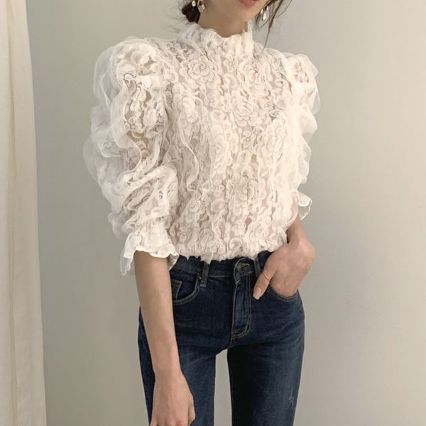 korean chic delicate fungus shirts women stand collar three-dimensional blouse lace hook flower perspective flared sleeve 210524, White
korean chic delicate fungus shirts women stand collar three-dimensional blouse lace hook flower perspective flared sleeve 210524, White