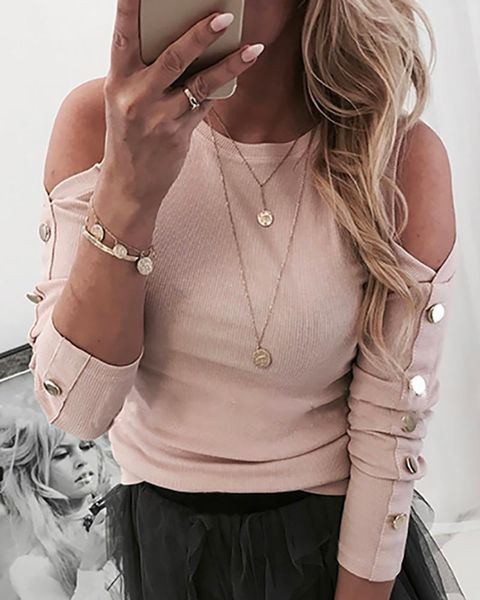 women's blouses & shirts woman blouse solid cold shoulder buttoned long sleeve casual, White
women's blouses & shirts woman blouse solid cold shoulder buttoned long sleeve casual, White