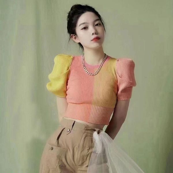 color block crop knitted t shirt for women 2021 summer o neck half puff sleeve high waist sweater women's t-shirt, White
color block crop knitted t shirt for women 2021 summer o neck half puff sleeve high waist sweater women's t-shirt, White