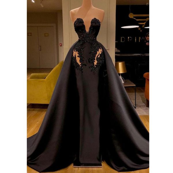 black mermaid satin overskirts prom dress beading sequined lace appliqued sweetheart evening dresses with detachable train pageant party gow
black mermaid satin overskirts prom dress beading sequined lace appliqued sweetheart evening dresses with detachable train pageant party gow