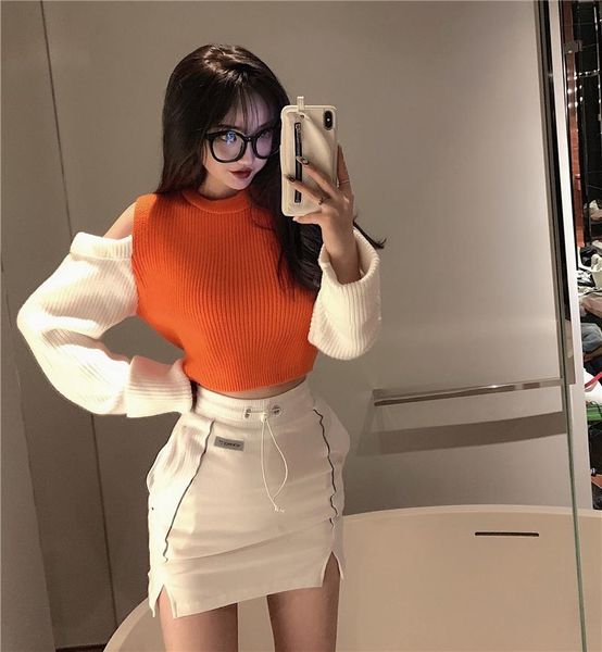 women's sweaters contrast color strapless pullover knitwear short crop sweater 2021 autumn korean causal jumper pull femme, White;black
women's sweaters contrast color strapless pullover knitwear short crop sweater 2021 autumn korean causal jumper pull femme, White;black