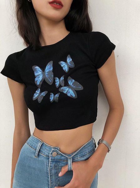 women's t-shirt women butterfly printed short sleeve crop summer fashion round neck wild slim soft for ladies chic stylish wear, White
women's t-shirt women butterfly printed short sleeve crop summer fashion round neck wild slim soft for ladies chic stylish wear, White