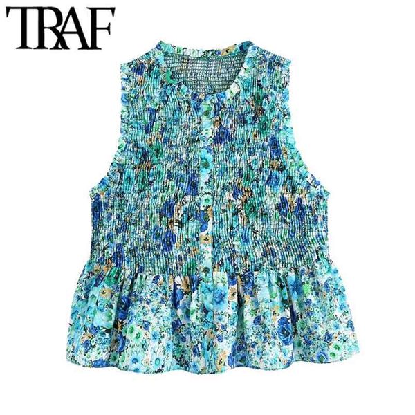 women fashion floral print ruffled smocked elastic blouses vintage sleeveless button-up female shirts chic 210507, White
women fashion floral print ruffled smocked elastic blouses vintage sleeveless button-up female shirts chic 210507, White