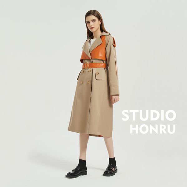 women's leather & faux refined trench coat autumn mid-length belted jacket imitation sheep color matching outerwear for women, Black
women's leather & faux refined trench coat autumn mid-length belted jacket imitation sheep color matching outerwear for women, Black