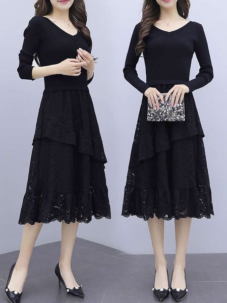 casual dresses dress spring and autumn women's woolen fake two black lace bottomed medium length knitted f89n, Black;gray
casual dresses dress spring and autumn women's woolen fake two black lace bottomed medium length knitted f89n, Black;gray