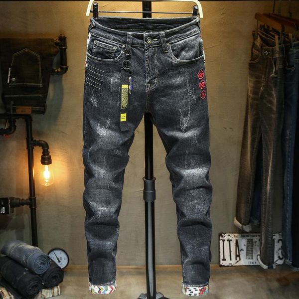 men's jeans fashion street elastic slim embroidery collage torn japanese retro designer pants, Blue
men's jeans fashion street elastic slim embroidery collage torn japanese retro designer pants, Blue