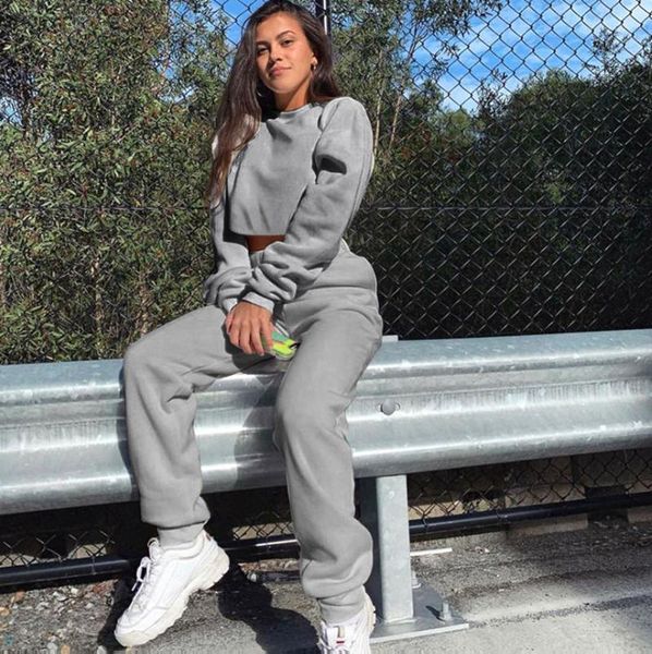 women's tracksuits solid color loose long sleeves cropped short fleece sweater and high waist suit, Gray
women's tracksuits solid color loose long sleeves cropped short fleece sweater and high waist suit, Gray