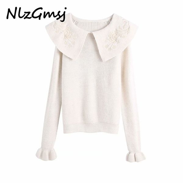 women sweet fashion with embroidered collar knitted sweater vintage long sleeve ruffled female pullovers chic 210628, White;black
women sweet fashion with embroidered collar knitted sweater vintage long sleeve ruffled female pullovers chic 210628, White;black