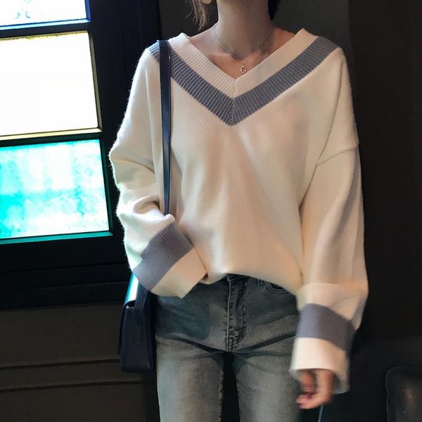 women's sweaters 2021 ladies fall/winter v-neck striped sweater full sleeve loose casual knit pullover college style, White;black
women's sweaters 2021 ladies fall/winter v-neck striped sweater full sleeve loose casual knit pullover college style, White;black