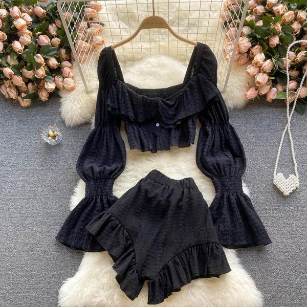 women's tracksuits women 2pcs set black square collar flare long sleeve short + ruffle shorts female club party two piece suit 202, Gray
women's tracksuits women 2pcs set black square collar flare long sleeve short + ruffle shorts female club party two piece suit 202, Gray