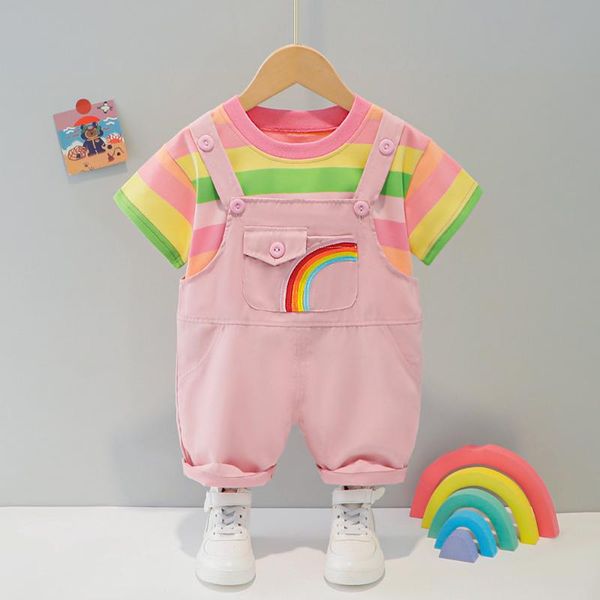 summer rainbow print infant girl sets toddler short sleeve striped t-shirt and suspender shorts two piece suit cute baby outfit clothing, White
summer rainbow print infant girl sets toddler short sleeve striped t-shirt and suspender shorts two piece suit cute baby outfit clothing, White