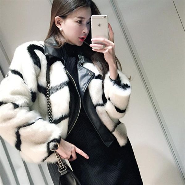 women's fur & faux jacket ladies fashionable leather coat splicing thick office stripe 2021 winter women outerwear luxurious, Black 
women's fur & faux jacket ladies fashionable leather coat splicing thick office stripe 2021 winter women outerwear luxurious, Black