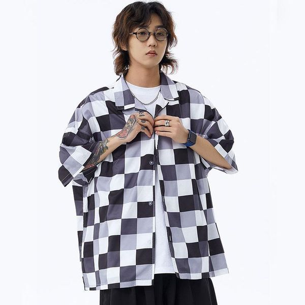 men retro loose chessboard cuban collar casual short sleeve shirt japan korea style male streetwear hip hop men's shirts, White;black
men retro loose chessboard cuban collar casual short sleeve shirt japan korea style male streetwear hip hop men's shirts, White;black