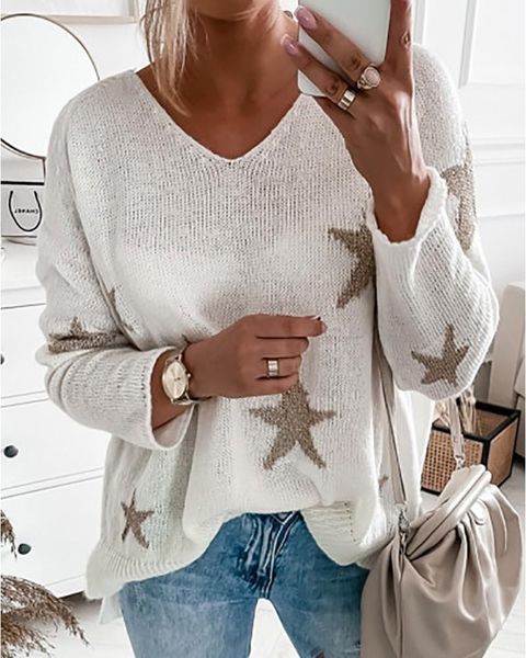 women's sweaters printed sweater 2021 autumn pullover long sleeve star pattern v-neck casual female clothing, White;black
women's sweaters printed sweater 2021 autumn pullover long sleeve star pattern v-neck casual female clothing, White;black