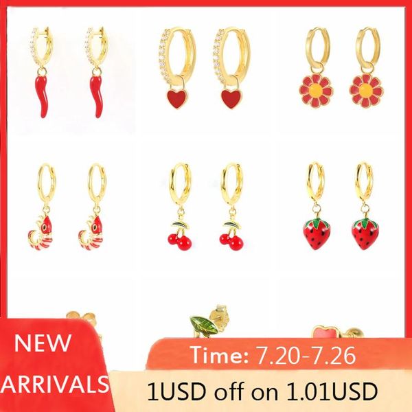 hoop & huggie aide 925 sterling silver red enamel series earrings heart cherry strawberry fruit pendant circle fine jewelry gift, Golden;silver