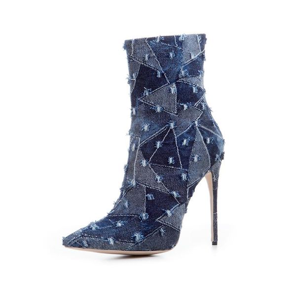 boots denim ankle women booties pointed toe stiletto high heel, Black 
boots denim ankle women booties pointed toe stiletto high heel, Black
