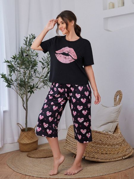 plus lips and heart print pajama set 40s5#, Black;white
plus lips and heart print pajama set 40s5#, Black;white