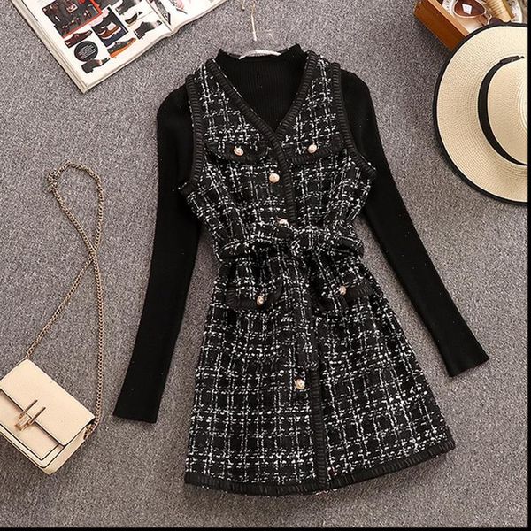 autumn winter 2 piece outfits women dress blcak slim knitted sweater tweed single breasted plaid vest woolen belt set, White
autumn winter 2 piece outfits women dress blcak slim knitted sweater tweed single breasted plaid vest woolen belt set, White