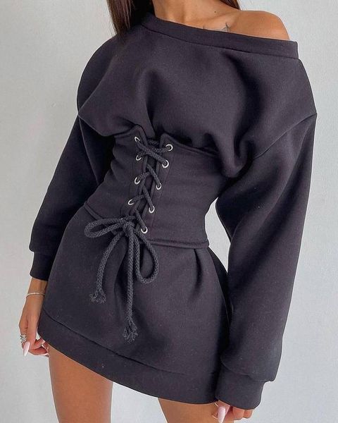 casual dresses oblique neck dress women's clothing fashion long sleeve eyelet lace up corset 2021 autumn wear, Black;gray
casual dresses oblique neck dress women's clothing fashion long sleeve eyelet lace up corset 2021 autumn wear, Black;gray