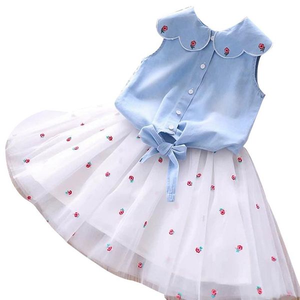 clothing sets girl embroidery flower 2pcs dress set sleeveless doll collar buttons denim with mesh tulle skirt, White
clothing sets girl embroidery flower 2pcs dress set sleeveless doll collar buttons denim with mesh tulle skirt, White