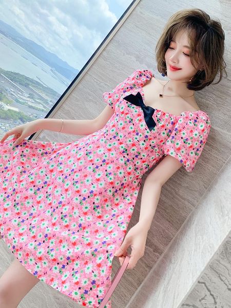 casual dresses v-neck contrast bow daisy print dress summer, Black;gray 
casual dresses v-neck contrast bow daisy print dress summer, Black;gray