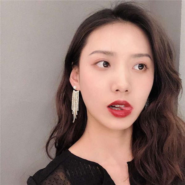 s925 silver needle korean new diamond tassel long pearl super fairy temperament earrings women's 291, Black
s925 silver needle korean new diamond tassel long pearl super fairy temperament earrings women's 291, Black