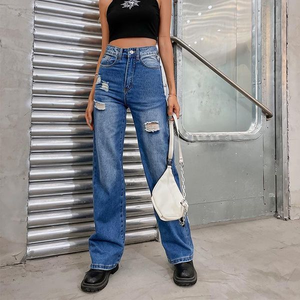 women's jeans summer autumn comfortable retro loose women leisure high waist ripped distressed destroyed denim pants, Blue
women's jeans summer autumn comfortable retro loose women leisure high waist ripped distressed destroyed denim pants, Blue