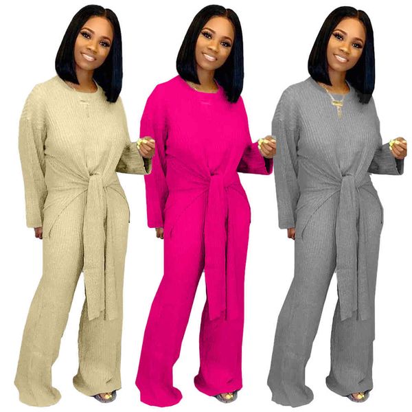 est fall winter solid wide leg pants sets elegant long sleeves o neckl loose lace up front women t shirtpants two pieces outfits, White
est fall winter solid wide leg pants sets elegant long sleeves o neckl loose lace up front women t shirtpants two pieces outfits, White