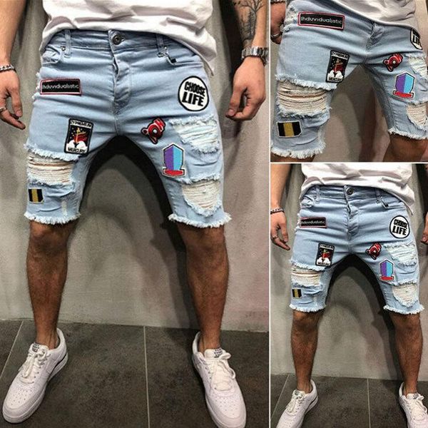 men's jeans denim shorts with holes in embroidery patch trousers five minutes pants, Blue
men's jeans denim shorts with holes in embroidery patch trousers five minutes pants, Blue