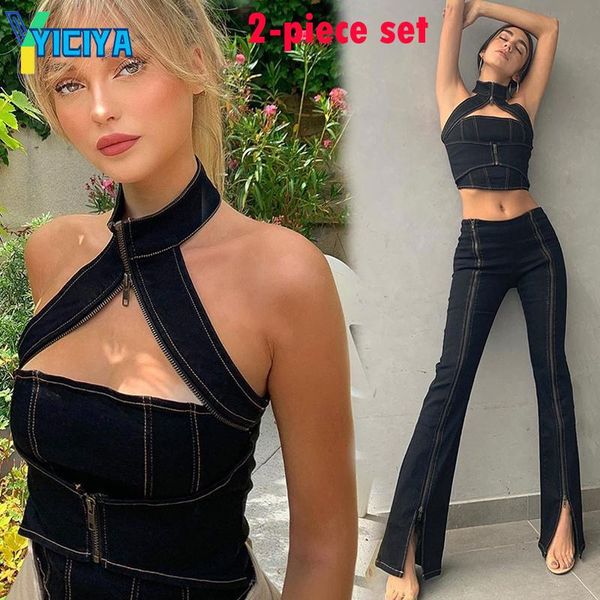 women's two piece pants yiciya zipper halter crop women summer slim black denim busiter backless party club tee shirt femme me, White
women's two piece pants yiciya zipper halter crop women summer slim black denim busiter backless party club tee shirt femme me, White