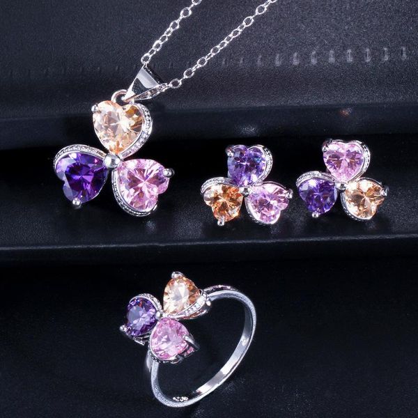 earrings & necklace korean version simple and exquisite trilobal zircon set pendant ring three piece women's fashion, Silver 
earrings & necklace korean version simple and exquisite trilobal zircon set pendant ring three piece women's fashion, Silver