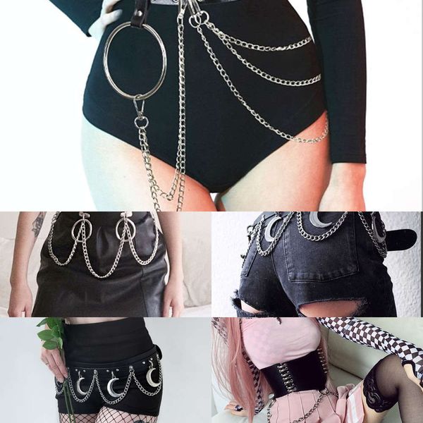 iron seri nightclub dark live elastic gothic style ring moon hanging black belt waist chain exaggerated decoration, Silver 
iron seri nightclub dark live elastic gothic style ring moon hanging black belt waist chain exaggerated decoration, Silver